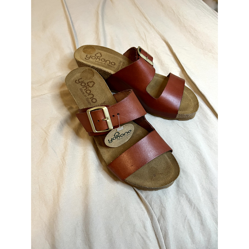 Yokomo Yokono Leather Sock Cognac Big Buckle Slip On Wedge Sandals Size 8